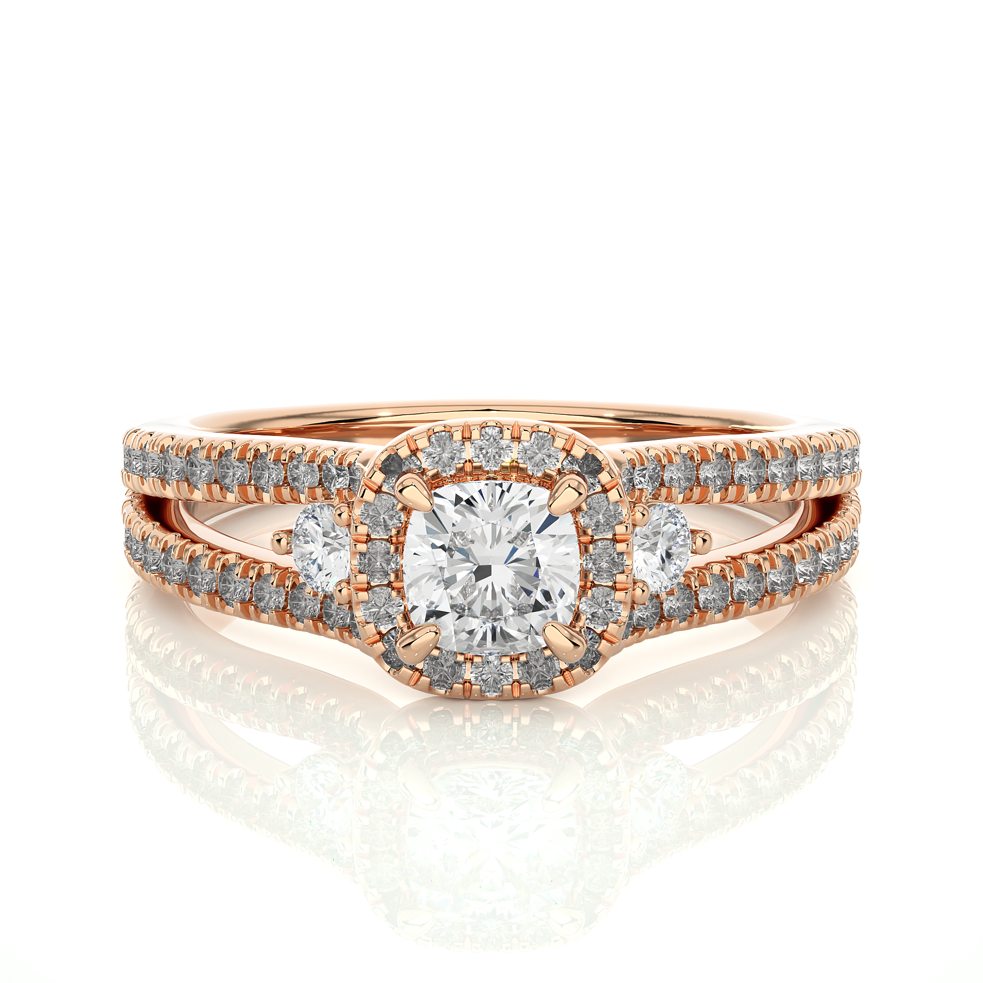 14K White Yellow Rose Gold Centre Cushion Side Round Diamond Ring