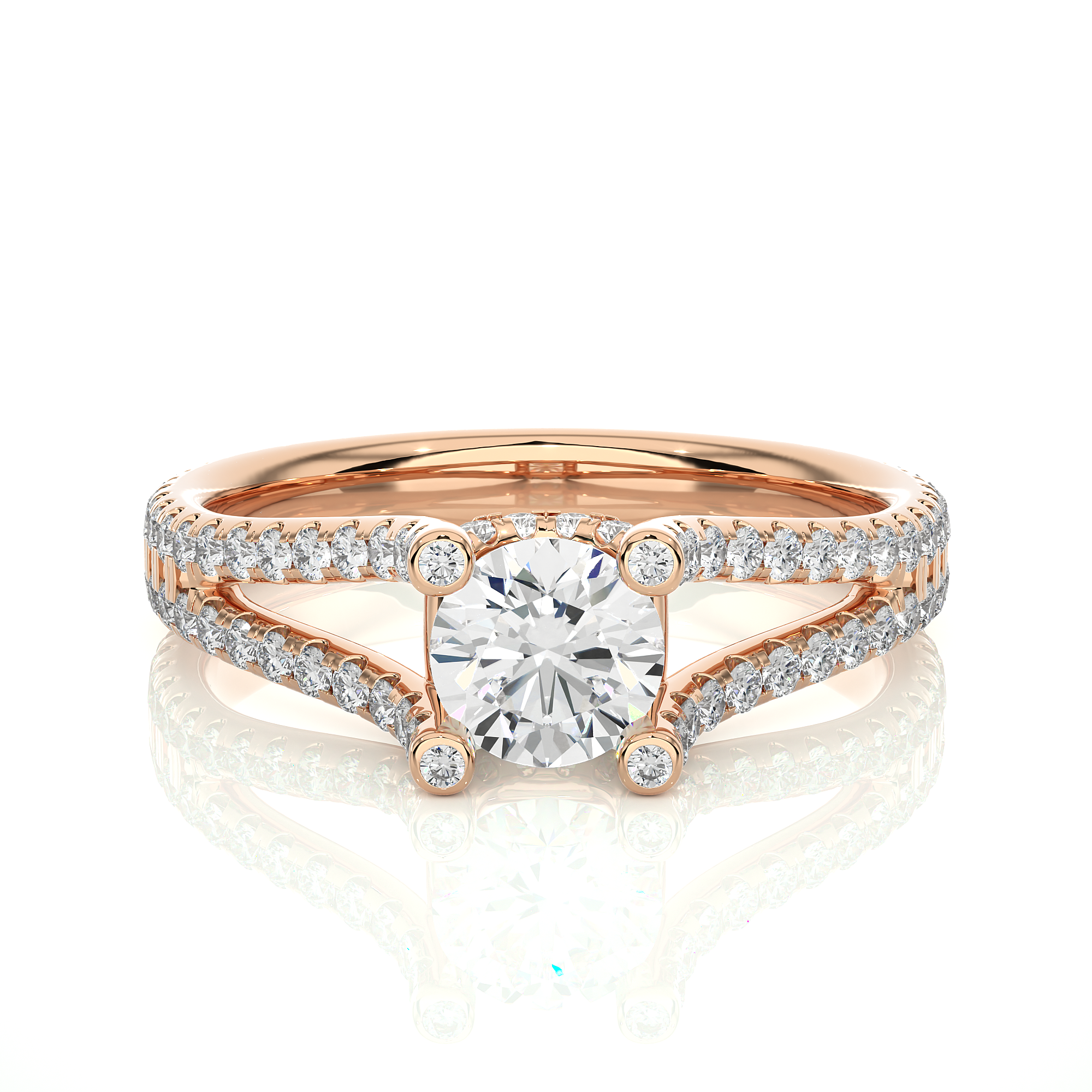 14K White Yellow Rose Gold 1.08 Carat Split Shank Round Diamond Halo Ring