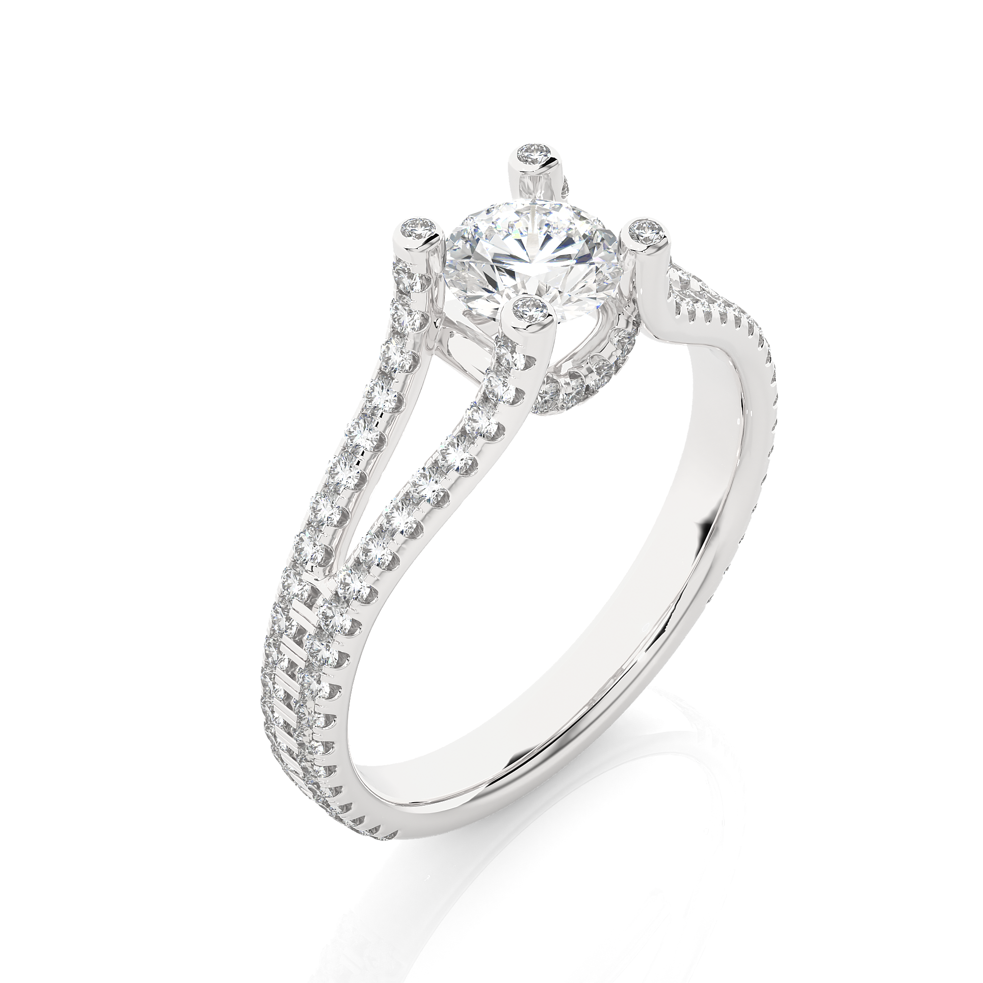 14K White Yellow Rose Gold 1.08 Carat Split Shank Round Diamond Halo Ring