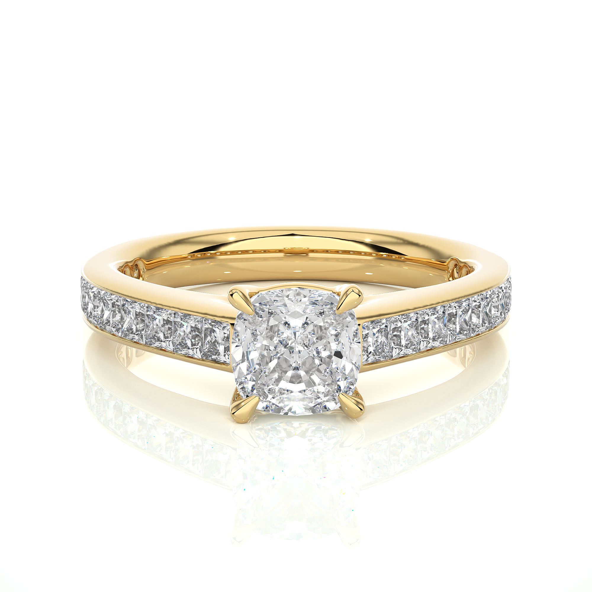 14K White Yellow Rose Gold 1.12 Carat Cushion Solitaire with 20 Side Princess Diamond Ring