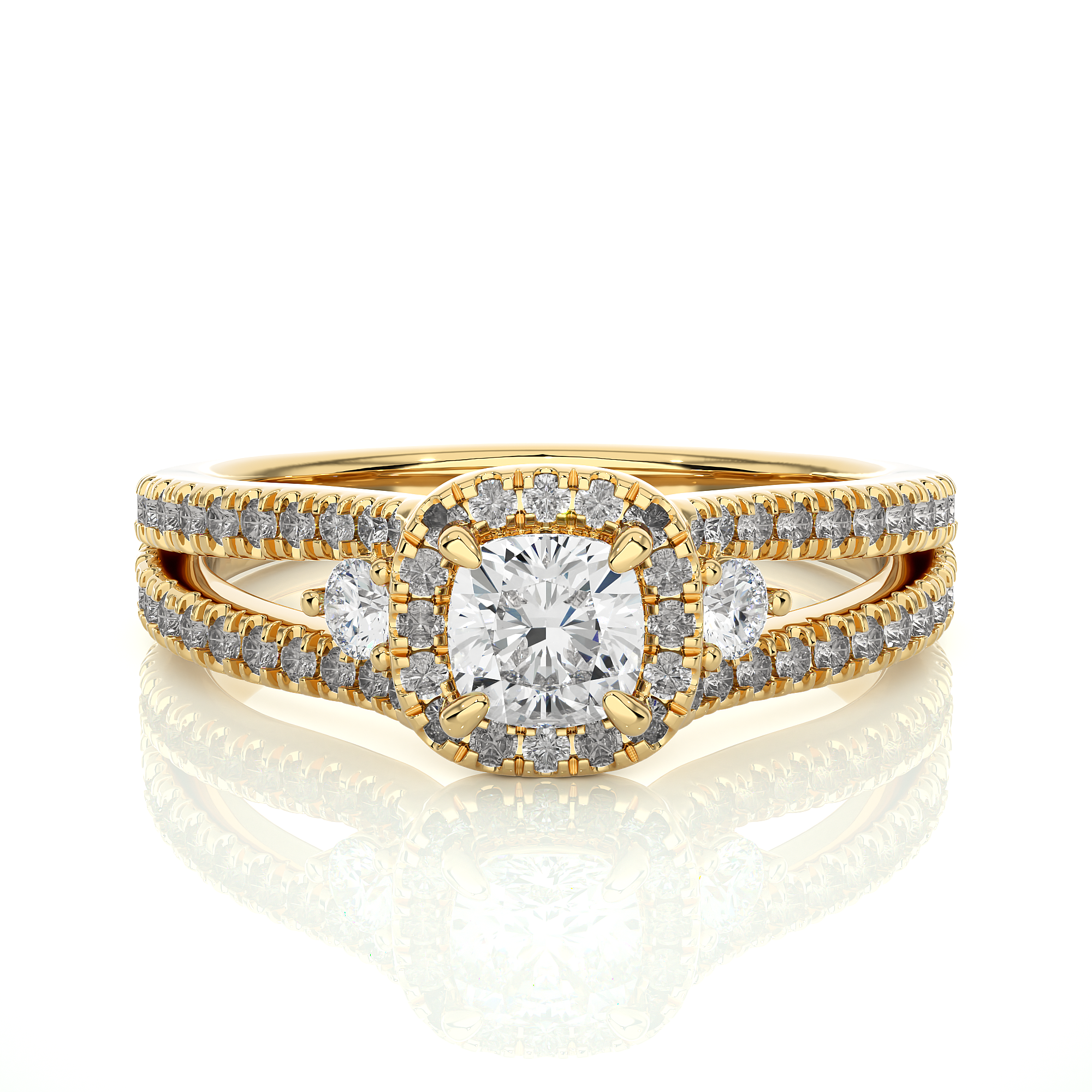 14K White Yellow Rose Gold Centre Cushion Side Round Diamond Ring