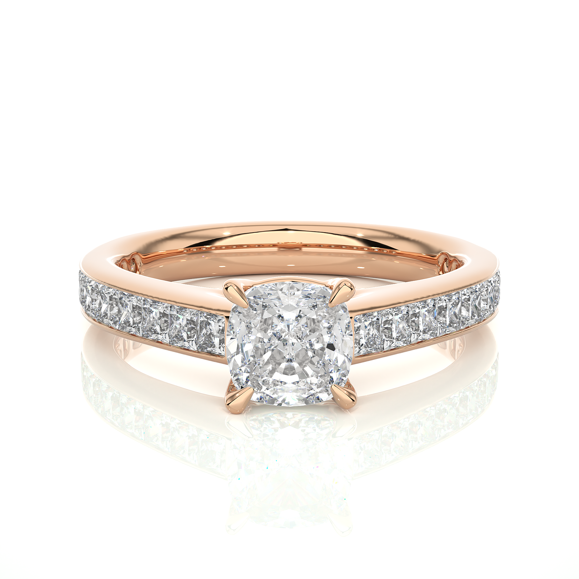 14K White Yellow Rose Gold 1.12 Carat Cushion Solitaire with 20 Side Princess Diamond Ring