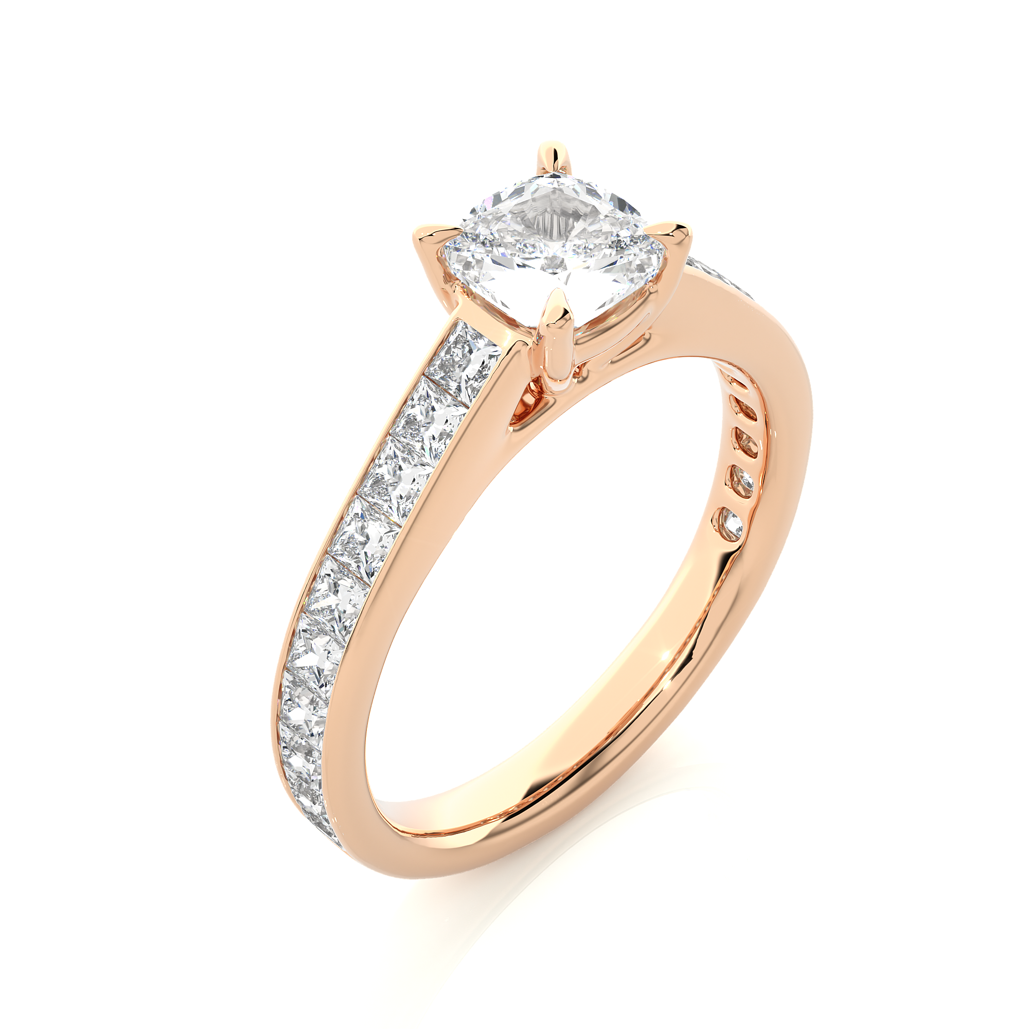 14K White Yellow Rose Gold 1.12 Carat Cushion Solitaire with 20 Side Princess Diamond Ring