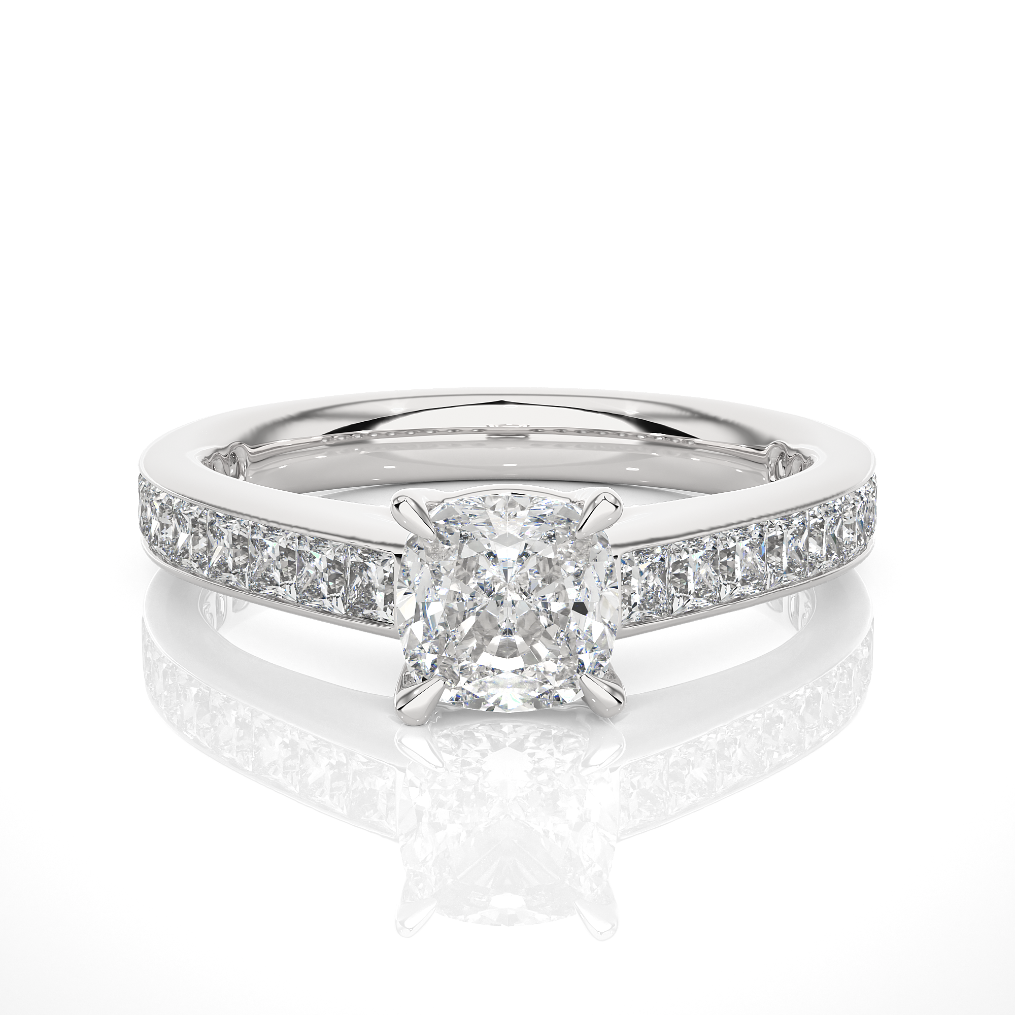 14K White Yellow Rose Gold 1.12 Carat Cushion Solitaire with 20 Side Princess Diamond Ring