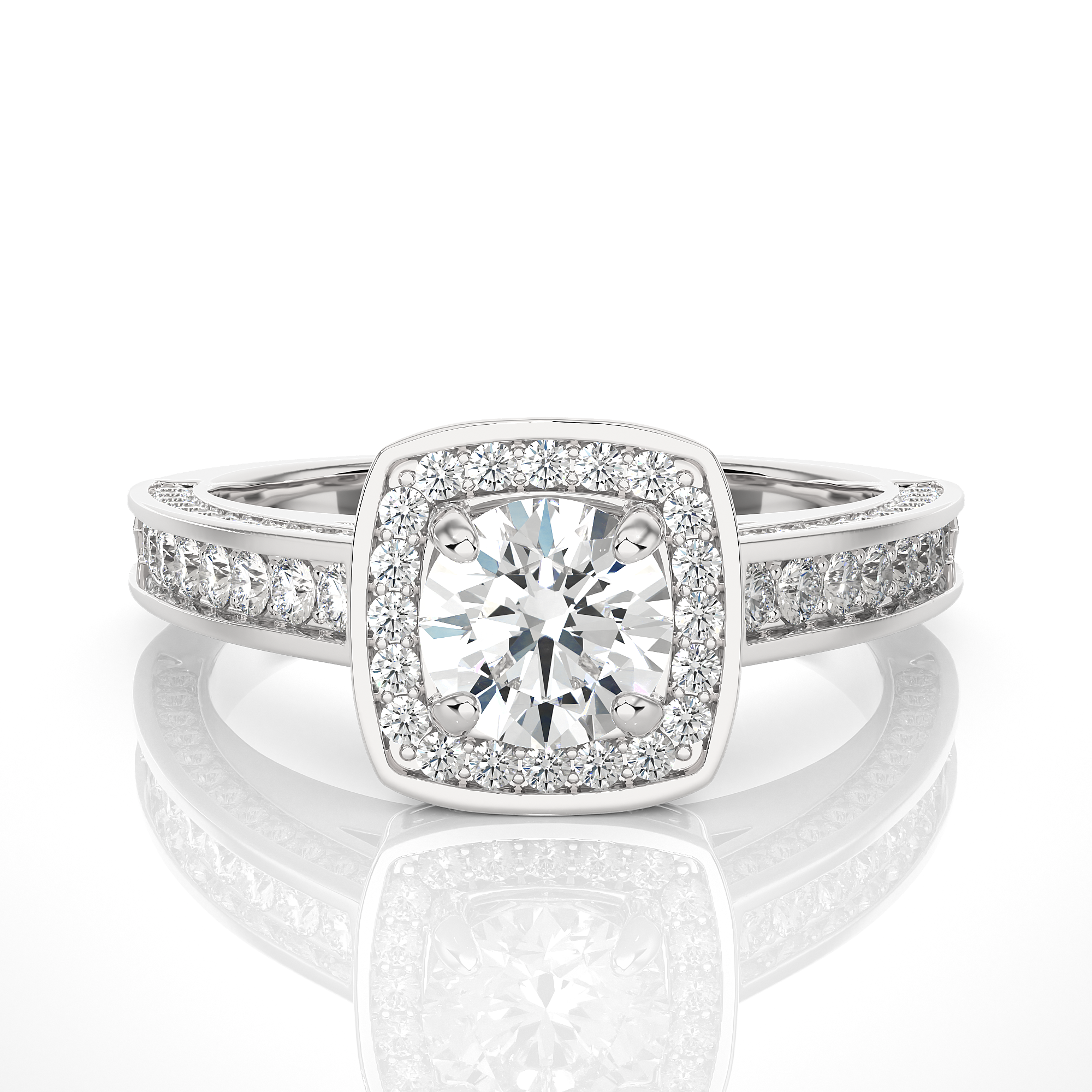 14K White Yellow Rose Gold  1.42 Carat Round Four Prong Halo Diamond Ring