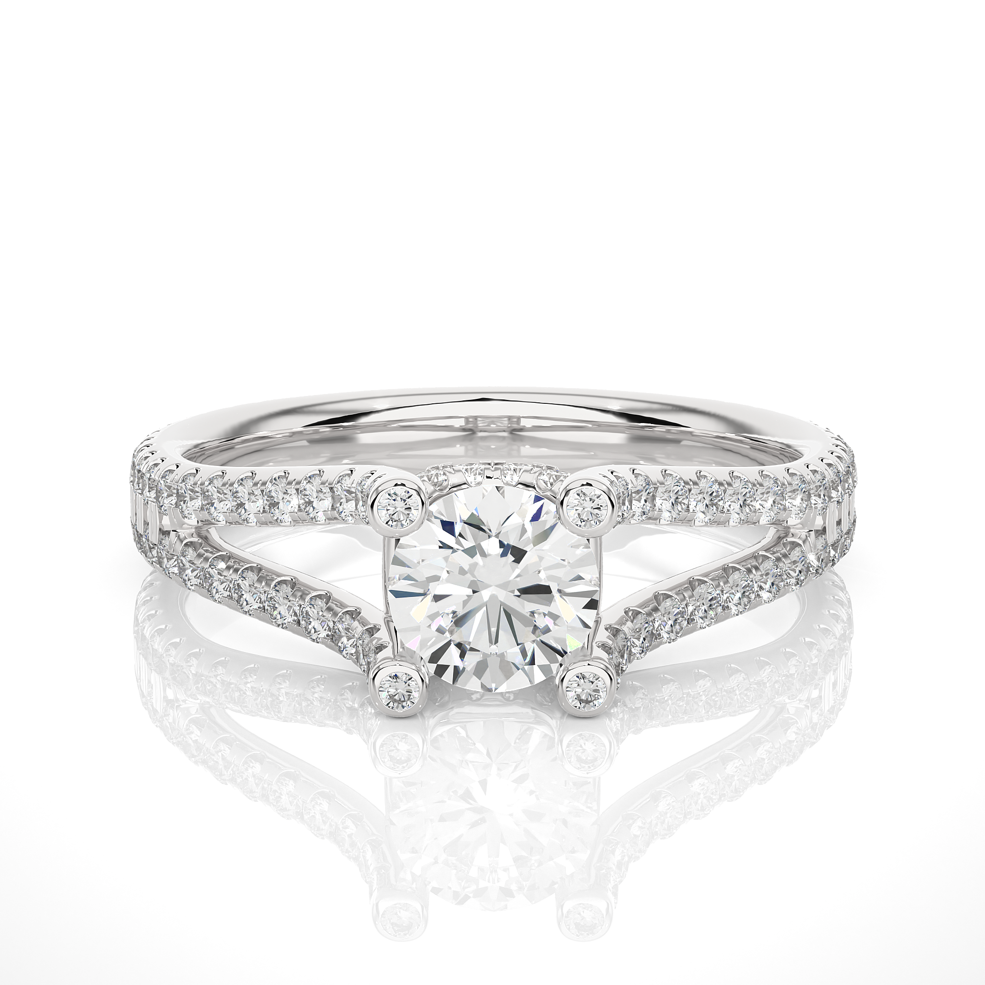 14K White Yellow Rose Gold 1.08 Carat Split Shank Round Diamond Halo Ring