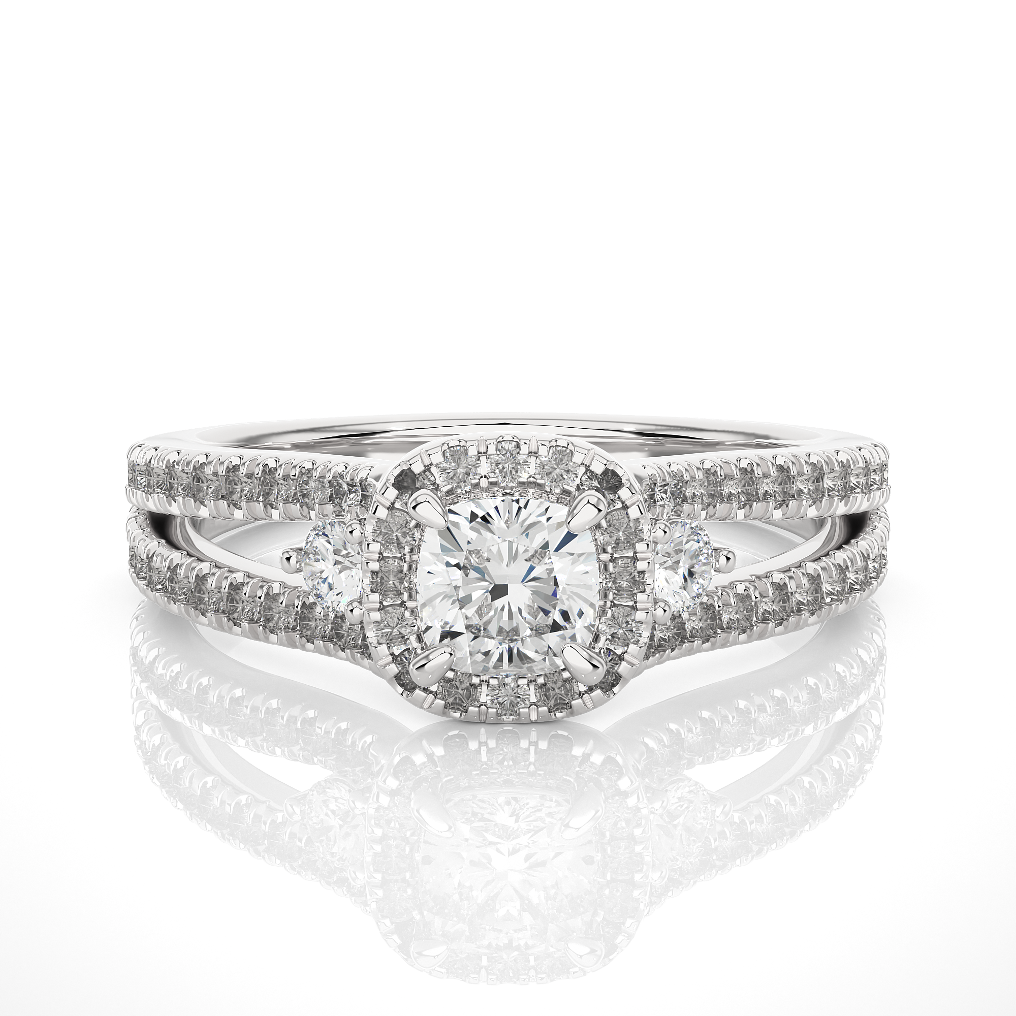 14K White Yellow Rose Gold Centre Cushion Side Round Diamond Ring