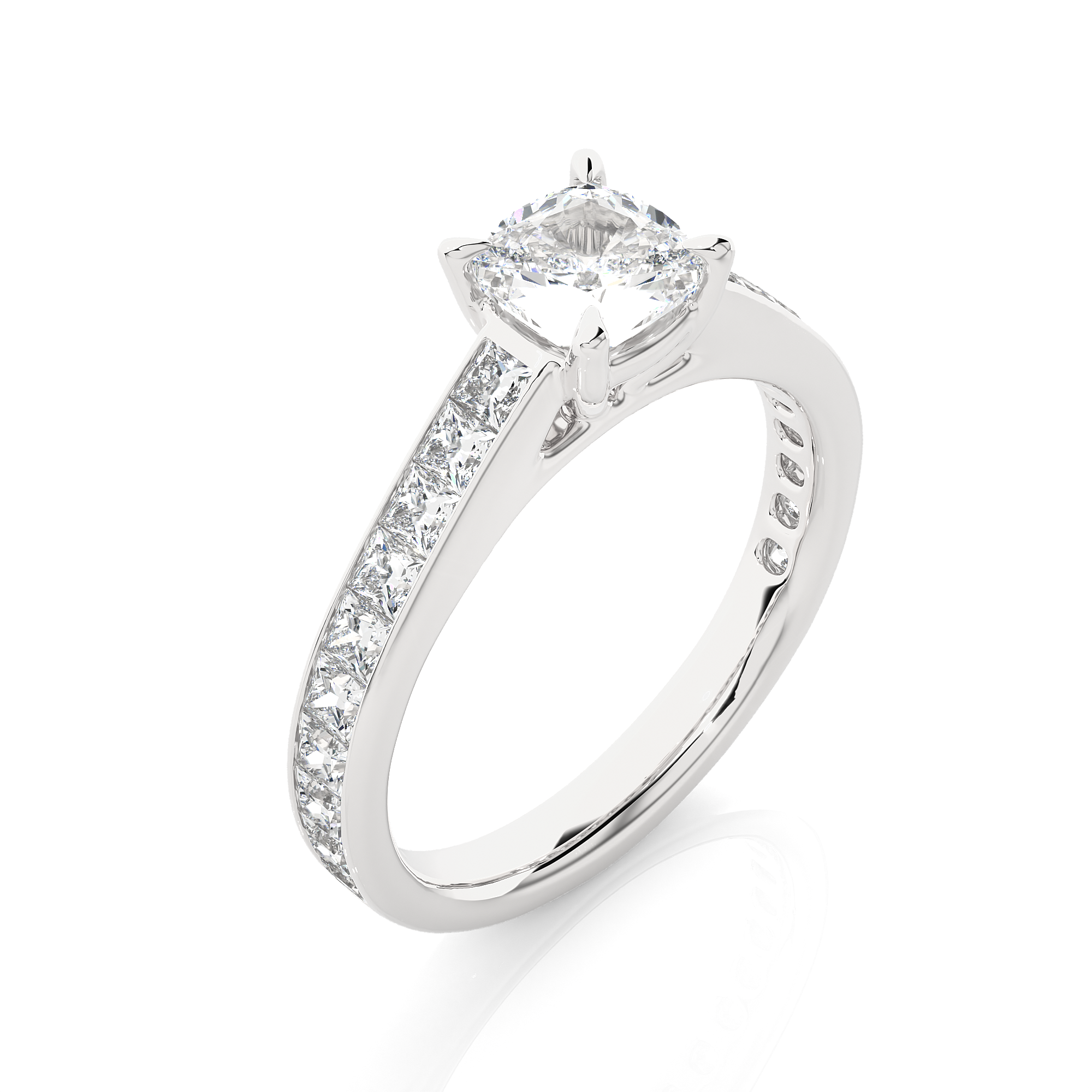 14K White Yellow Rose Gold 1.12 Carat Cushion Solitaire with 20 Side Princess Diamond Ring